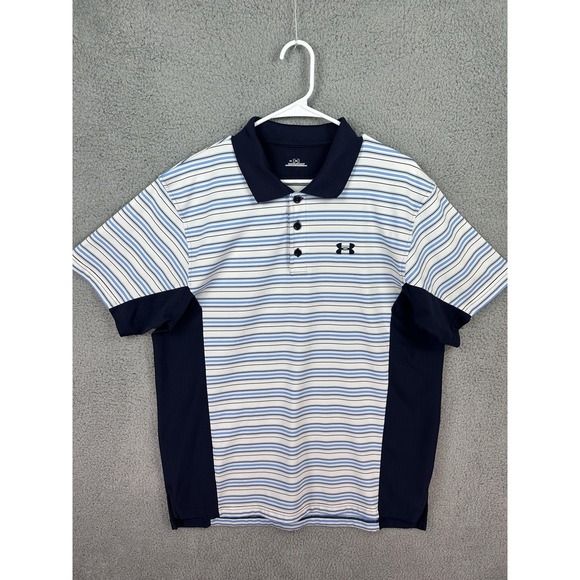 Under Armour Polo Shirt Mens Large Blue White Striped Golf Athletic Performance